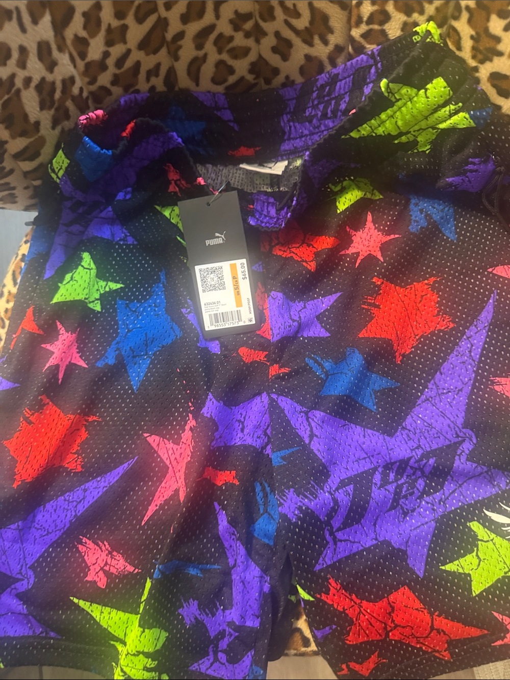 Puma Black Athletic Shorts with Neon Star Print